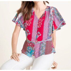 Chicos Patchwork Top Womens 2/Large Pink Red Peplum Flutter Sleeve Button Detail